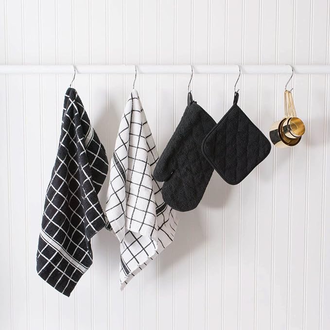 DII Basic Terry Collection Windowpane Dishcloth Set, 12x12, Black, 6 Piece