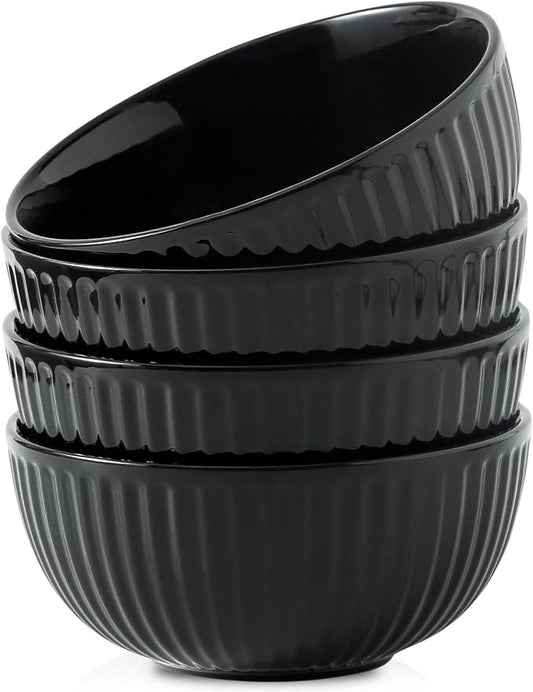 HASENSE 7 Inch Large Serving Bowls Set of 4, 42 Oz Black Ceramic Salad Bowl for Kitchen,Modern Ribbed Porcelain Dishes for Entertaining,Soup,Pho,Pasta,Cereal, Noodle - Dishwasher & Microwave Safe