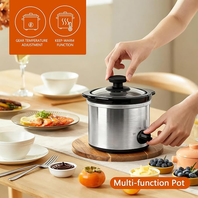 Mini Slow Cooker, 0.65 Qt Capacity small slow cooker, Ceramic Pot, Nutrient Loss Reduction, For Sauces, Stews & Dips, Round (ss with temp. knob)