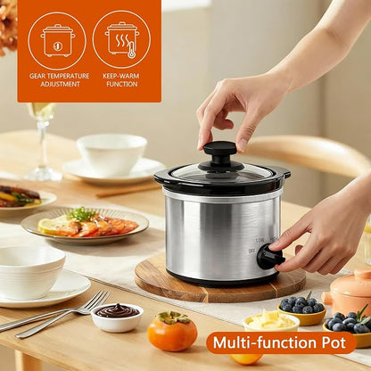 Mini Slow Cooker, 0.65 Qt Capacity small slow cooker, Ceramic Pot, Nutrient Loss Reduction, For Sauces, Stews & Dips, Round (ss with temp. knob)