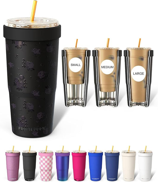 Frost Buddy Togo Buddy 30 oz Stainless Steel Vacuum Insulated Tumbler To Go Coffee Cup – Iced Coffee Cups, Iced Coffee Sleeve, Travel Mug, Thermal Cup for Hot & Cold Drinks, Dunkin Cup (Black Floral)
