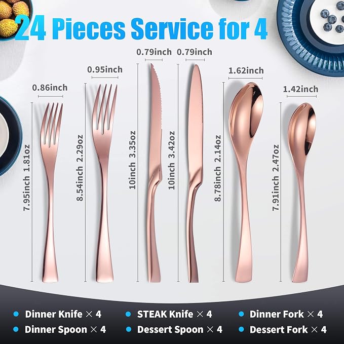 Lemeya 24-Pieces Rose gold Silverware Set with Steak Knives,Heavy Duty 18/10 Stainless Steel Flatware Set for 4,Modern Cutlery,Mirror Polished,Dishwasher Safe