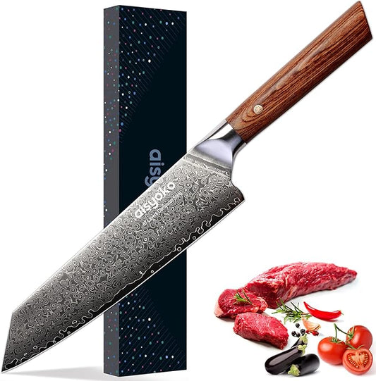 aisyoko Chef Knife 8 Inch Damascus Japan VG-10 Super Stainless Steel Professional High Carbon Super Sharp Kitchen Cooking Knife, Ergonomic Color Wooden Handle Luxury Gift Box