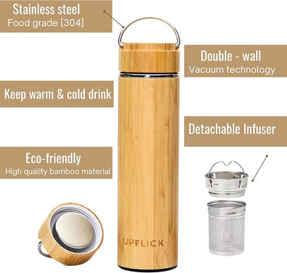 Custom Bamboo Water Bottle Personalized Bamboo Tumbler Engraved with Tea Infuser Insulated Bamboo Tea Infuser Mug Unique Gifts for Women, Mom, Coworkers (Birth Flower+Signature) (Style A)