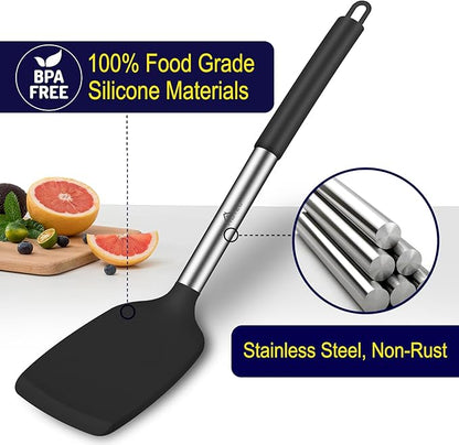HOTEC Silicone Spatula Set of 2, High Heat-Resistant & BPA-Free Kitchen SaptulaTurner with Stainless Steel Handles, Slotted & Solid Spatulas for Nonstick Cookware, 13.7 Inch, Black