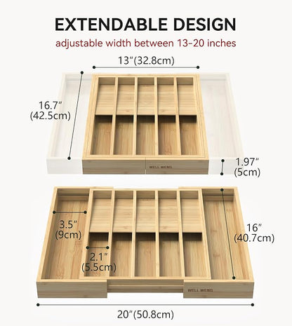 Expandable Silverware Drawer Organizer for Utensil,Bamboo 12 Slot | 13"-20"W x16.7"D x 1.97“H, Vertical Storage,Kitchen Cutlery Tray Dividers for Spoons Forks Knives