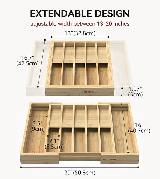 Expandable Silverware Drawer Organizer for Utensil,Bamboo 12 Slot | 13"-20"W x16.7"D x 1.97“H, Vertical Storage,Kitchen Cutlery Tray Dividers for Spoons Forks Knives