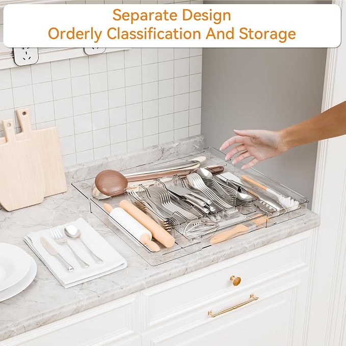 Yieach Clear Large Expandable Silverware Organizer and Kitchen Utensil Drawer Organizer,Plastic Adjustable Silverware Tray for Drawer Cutlery,Spatula,Tools,Flatware Organizers,Fork and Spoon Holder