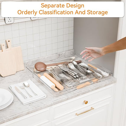 Yieach Clear Large Expandable Silverware Organizer and Kitchen Utensil Drawer Organizer,Plastic Adjustable Silverware Tray for Drawer Cutlery,Spatula,Tools,Flatware Organizers,Fork and Spoon Holder