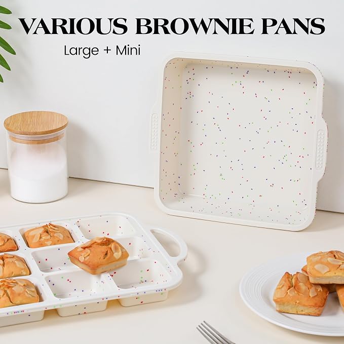 2 Pcs Brownie Pan with Dividers Silicone Nonstick Mini Individual 12 Cup Square Muffin Cupcake Pans with Metal Reinforced Frame(Cream)
