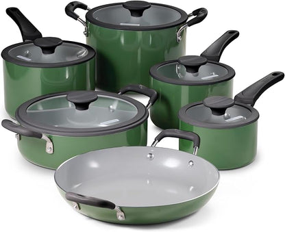 Tramontina Ceramic Non Stick 11-Piece Nesting Pots and Pans Set with Lids - Stackable Nonstick Cookware Set, Dishwasher and Oven Safe, Green