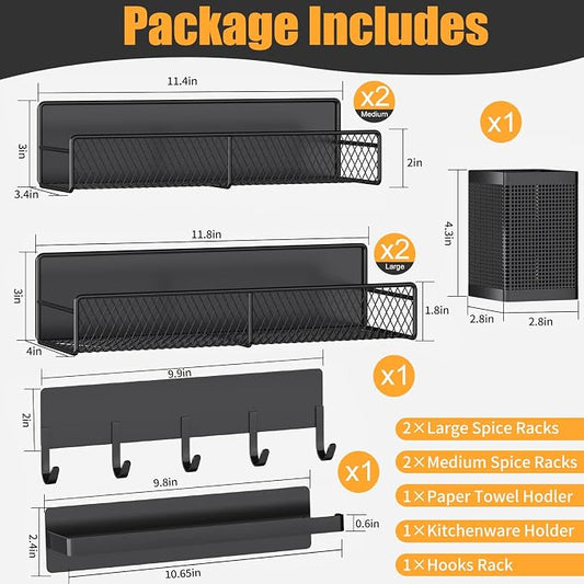 DTUQYX Magnetic Spice Rack for Refrigerator, 7 Pack Metal Shelf Black , Moveable Organizer with Hook Rack, Paper Towel Holder, Kitchenware Strong Storage Fridge