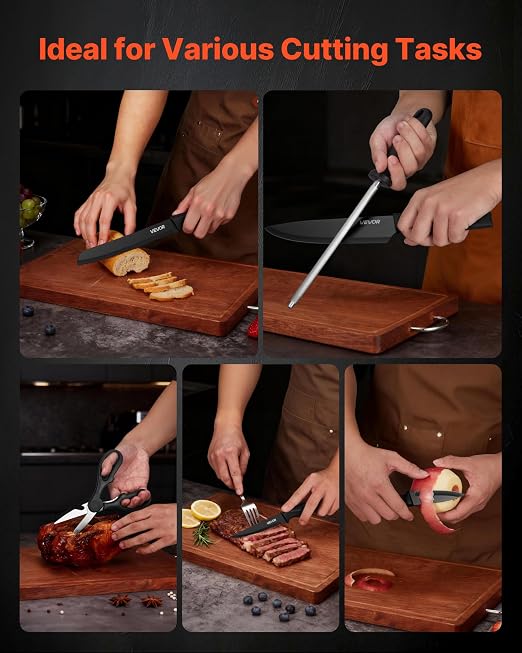 VEVOR Kitchen Knife Set with Block and Sharpener, 15 Piece German High Carbon Stainless Steel Knife Set, Kitchen Cutlery with PP Ergonomic Handle, Sharpening Rod and Wooden Block, for Home Cooks