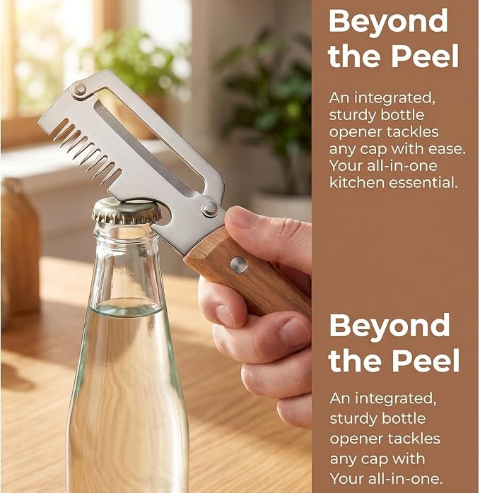 2-Pack MultiFunctional Vegetable Peeler, 3 in 1 Multi Functional Wooden Handle Peeler and Bottle Opener, Kitchen Gadgets Tool for Fruit Pumpkin Peeling Potato Carrot Veggie Peeler