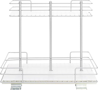 Household Essentials Glidez Steel Pull-Out/Slide-Out Storage Organizer with Plastic Liners for Under Sink or Wire Shelf Use - 2-Tier Design - Fits Standard Size Cabinet or Shelf, Brushed Silver
