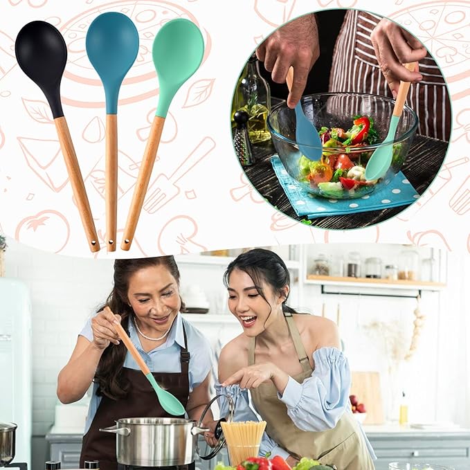 3 Pcs Large Silicone Wooden Handle Mixing Spoons - Nonstick Heat-Resistant Kitchen Mixing Tools (Green, Blue, Black)