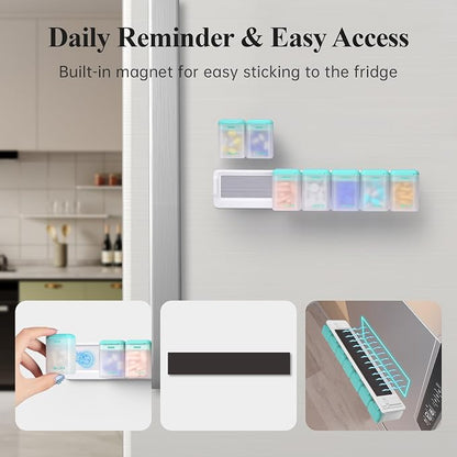 KOVIUU Weekly Pill Organizer Magnetic, Removable Pill Box 7 Day 1 Time a Day, Large Pill Case Travel, Week Once Daily Medication Dispenser, Medicine Container Holder for Supplement Vitamin, Cyan