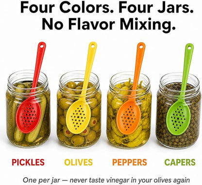 Olive and Pickle Spoon Set of 4, 7-Inch Small Slotted Serving Utensils for Jars, Perfect for Olives, Pickles, Capers, Pickled Beets, Pepperoncini, Cherries, Dishwasher Safe, Made in USA by Pikanty