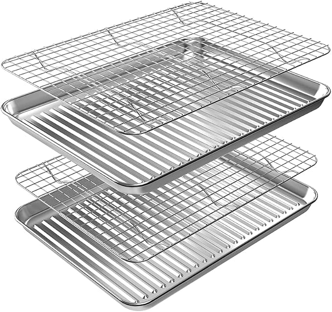 Rottay Aluminum Free Stainless Steel Baking Sheet & Cooling Rack Combo - 12.4 x 9.6 x 1 inch, Corrugated Surface, Firmly Welded Cooling Rack