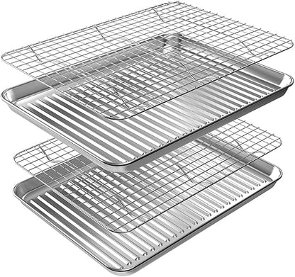 Rottay Aluminum Free Stainless Steel Baking Sheet & Cooling Rack Combo - 12.4 x 9.6 x 1 inch, Corrugated Surface, Firmly Welded Cooling Rack