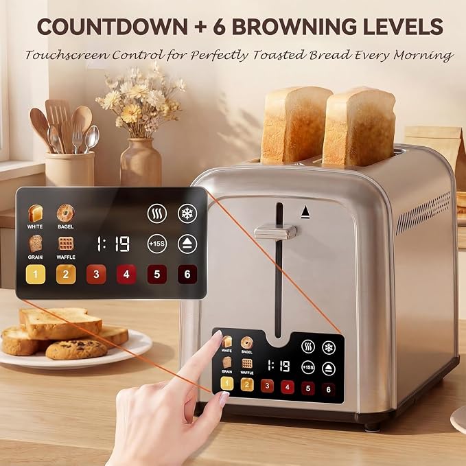 Touch Screen Toaster 2 Slice, Retro Stainless Steel Smart 2 Slice Toaster with Digital Timer,1.5" Wide Solt with 6 Shade Settings, Perfect for Waffles, Bagels and More 238TCB(Silver)