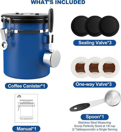 ShanSon Coffee Canister Airtight, Stainless Steel Bean Storage Container with Date Tracker & Scoop, Grounds Sugar Flour Tea Cereal Fits Kitchen Pantry, Ideal Gift for Coffee Lovers,22oz,Blue