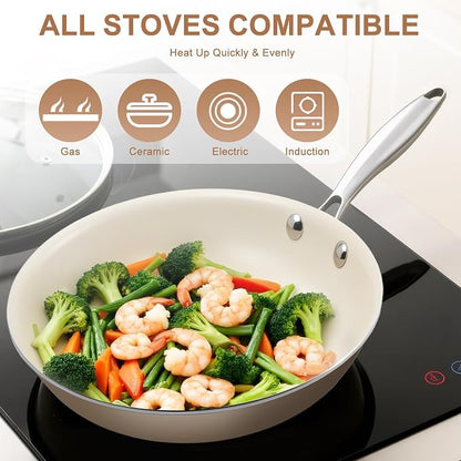 11 Inch Ceramic Nonstick Frying Pan Skillet - PFAS-Free, Non-Toxic, Oven Safe & Induction Ready, Aluminum Cookware with Stainless Steel Handle