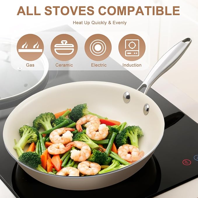 9.25 Inch Ceramic Nonstick Frying Pan with lid Skillet - PFAS-Free, Non-Toxic, Oven Safe & Induction Ready, Aluminum Cookware with Stainless Steel Handle