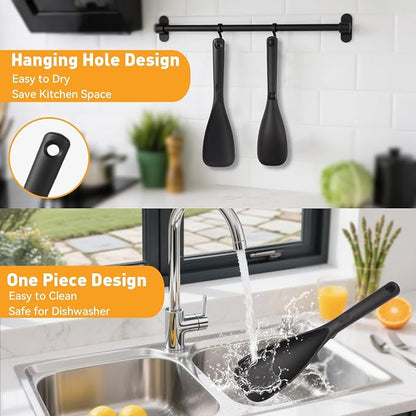 12.6" Extra Long Silicone Spatula Spoon for Nonstick Cookware, Seamless One-Piece Design Cooking Spoon with Built-in Tool Rest for Mixing, Scoop and Scrape, Dishwasher Safe, Black & Gray