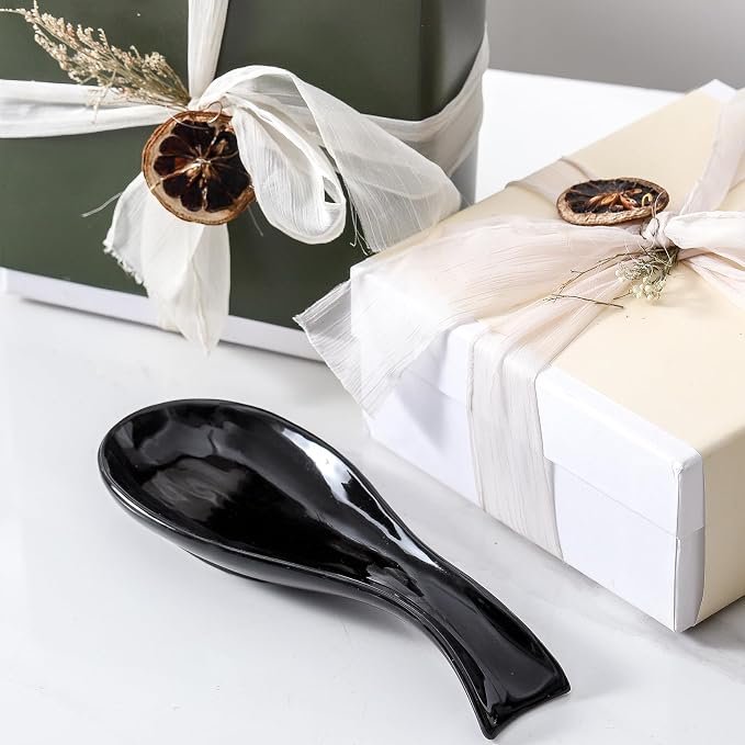 Ceramic Spoon Rest for Stove Top, Large 8.7 Inch Spoon Holder for Kitchen Counter, Porcelain Utensil Rest for Ladle, Spatula, Housewarming Gifts, Dishwasher Safe and Heat-Resistant, Black (1 PC)