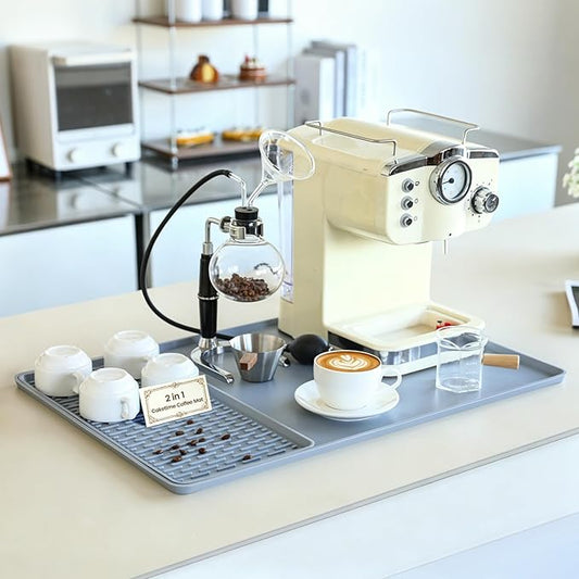 Caketime 2 In 1 Silicone Coffee Bar Mat Accessories for Keurig Coffee Maker with Detachable Dish Drying Rug Kitchen Counter Under Sink Drainer Necessities Home Decor 16"x24" Extra Large Light Gray