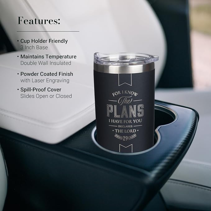 Christian Art Gifts Large Stainless Steel Inspirational Travel Tumbler for Men & Women: Know the Plans Encouraging Bible Verse, Engraved Double Wall Vacuum Insulated, Lid, 24hr Hot/Cold, Black, 18 oz.