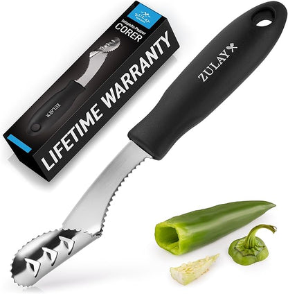 Zulay Kitchen Jalapeno Corer & Seed Remover – 430 Stainless Steel Pepper Coring Tool with Serrated Blade for Effortless Deseeding – Chili, Bell Pepper and Jalapeno Core Remover for Cooking & Grilling