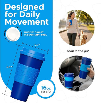 Copco Acadia 16oz Travel Mug with Lid, Set of 2 Double Wall Insulated Tumbler, Non-Slip Sleeve and BPA-Free - Microwave & Dishwasher Safe, Reusable Plastic To Go Travel Coffee Mug (Navy/Blue)