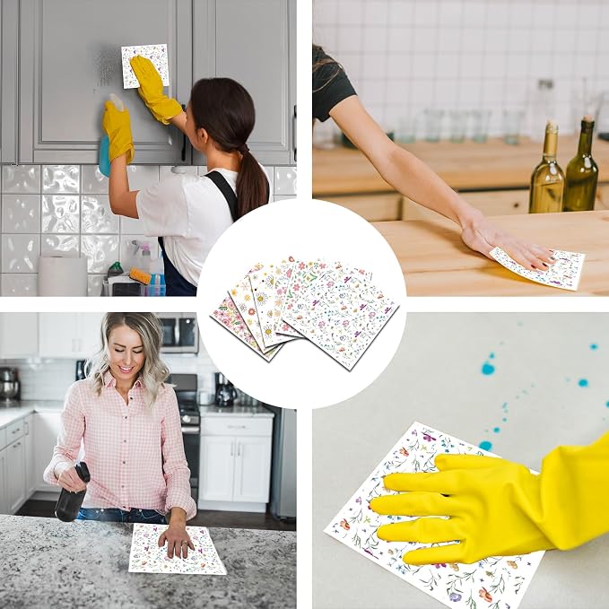 Floral Swedish Dish Cloths for Kitchen, 6 Pack Reusable Wildflowers Swedish Kitchen Dishcloths, Absorbent Sponge Cleaning Dish Cloths for Party Home Cleaning Quick Drying Washable Hand Towel