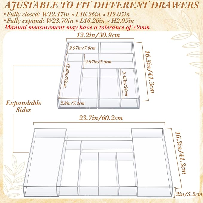 Teenyyou 1 Pack Expandable Kitchen Drawer Organizer Clear Acrylic Utensil Organizer Adjustable Acrylic Silverware Storage for Drawers Silverware Flatware Knives (12 x 16 Inches,6-8 Compartments)