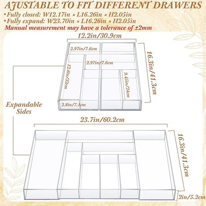 Teenyyou 1 Pack Expandable Kitchen Drawer Organizer Clear Acrylic Utensil Organizer Adjustable Acrylic Silverware Storage for Drawers Silverware Flatware Knives (12 x 16 Inches,6-8 Compartments)