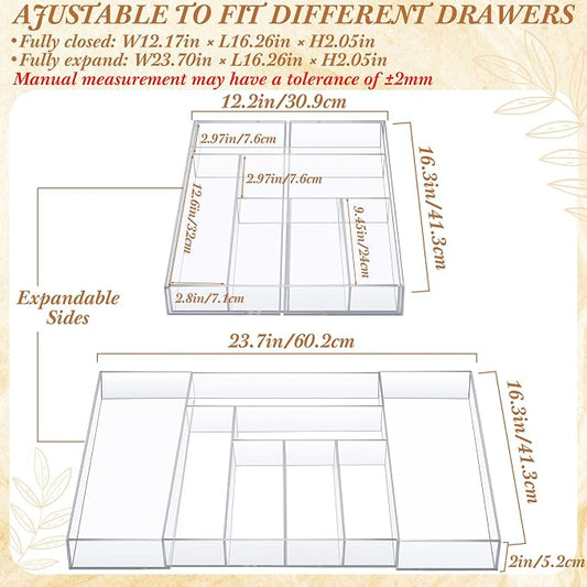Teenyyou 1 Pack Expandable Kitchen Drawer Organizer Clear Acrylic Utensil Organizer Adjustable Acrylic Silverware Storage for Drawers Silverware Flatware Knives (12 x 16 Inches,6-8 Compartments)