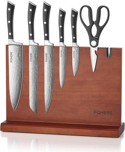 Kitchen Knife Set, FOHERE Knives Set with Magnetic Knife Holder and Sharpener, 7 Pieces Sharp Chef Knife Set with Ergonomic Handle, High Carbon Stainless Steel Knives Set for kitchen