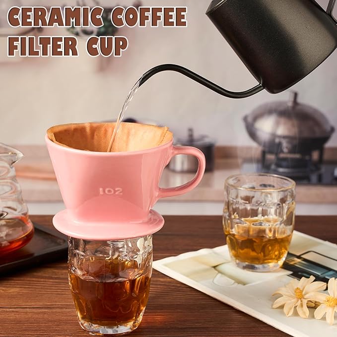 Pour Over Coffee Dripper, Ceramic Pour Over Coffee Maker with 3 Holes Flat Bottom, Easy Manual Brew Maker, Porcelain Slow Filter Cone for Travel, Camping, Office, Home,Pink