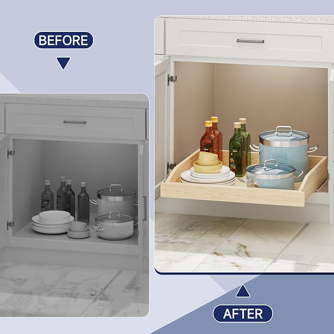 Pull Out Cabinet Organizer 25.5" W x 21" D, Soft Close Slide Out Wood Drawer Shelf for Kitchen Cabinets, Pull Out Cabinet Drawer for Base Cabinet, Pantry and Bathroom Storage, Bottom Mount