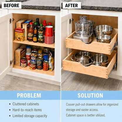 Couver Pull Out Drawers For Cabinets, Soft Close Slide Out Wood Shelves Storage Organizer for Kitchen, Finished, Heavy-Duty, Bottom/Side Mount, 27"W x 21"D x 3"H