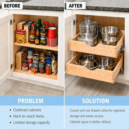 Couver Pull Out Drawers For Cabinets, Soft Close Slide Out Wood Shelves Storage Organizer for Kitchen, Finished, Heavy-Duty, Bottom/Side Mount, 21"W x 21"D x 3"H
