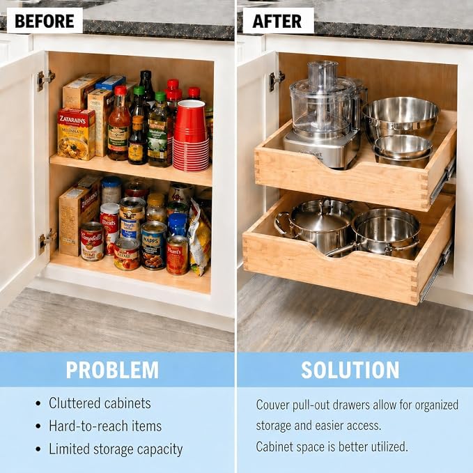 Couver Pull Out Drawers For Cabinets, Soft Close Slide Out Wood Shelves Storage Organizer for Kitchen, Finished, Heavy-Duty, Bottom/Side Mount, 36"W x 21"D x 3"H