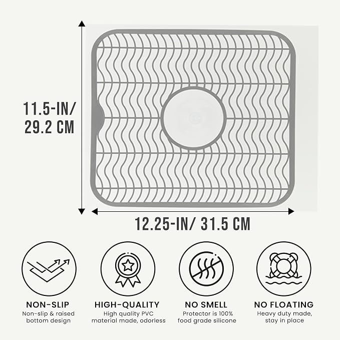 DecorRack Gray Sink Protectors for Kitchen, Plastic 12" x 11" Dish Rack, Protect Sink from Stains, Damage, Scratches, Dishwasher Safe Grid Mat for Kitchen (Gray)
