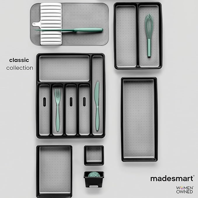 madesmart 4 Compartment Drawer Organizer, Multi Purpose Storage for Utensils, Office Tools, Cords, & Small Household Items, Tech Accessories, Arts & Crafts Supplies, Non Slip Lining, Granite