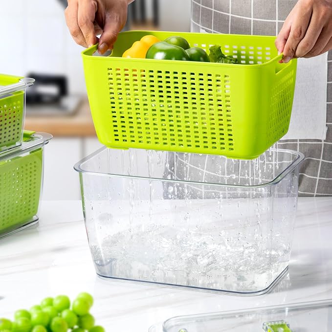 LUXEAR Fresh Container, 3PACK Produce Saver Container BPA Free Fridge Organizer for Vegetable Fruit and Salad Partitioned Food Storage Container with Vents Stay Fresh Containers Not Dishwashers Safe