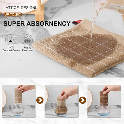 Mordimy 100% Cotton Terrycloth Kitchen Towels and Dishcloths Sets, Soft and Absorbent Checkered Dish Towels, Quick Drying Dish Rags for Washing Dishes, 4 Pack 16" x 26" & 4 Pack 12" x 12", Tan