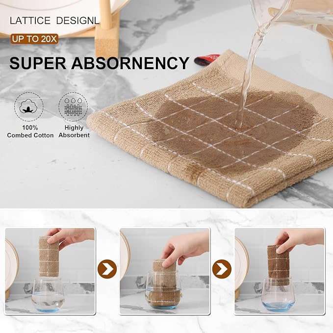 Mordimy 100% Cotton Terry Cloth Dish Cloths, Soft and Absorbent Checkered Dish Towels, Quick Drying Dish Rags for Washing Dishes, 8 Pack, 12 x 12 Inches, Tan