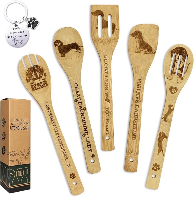 Dachshund Gifts for Women 6PCS Unique Dachshund Print Wooden Spoons Gifts Set with Keychain, Dachshund Decor Weiner Gog Gifts for Women Mom Bestie Teacher